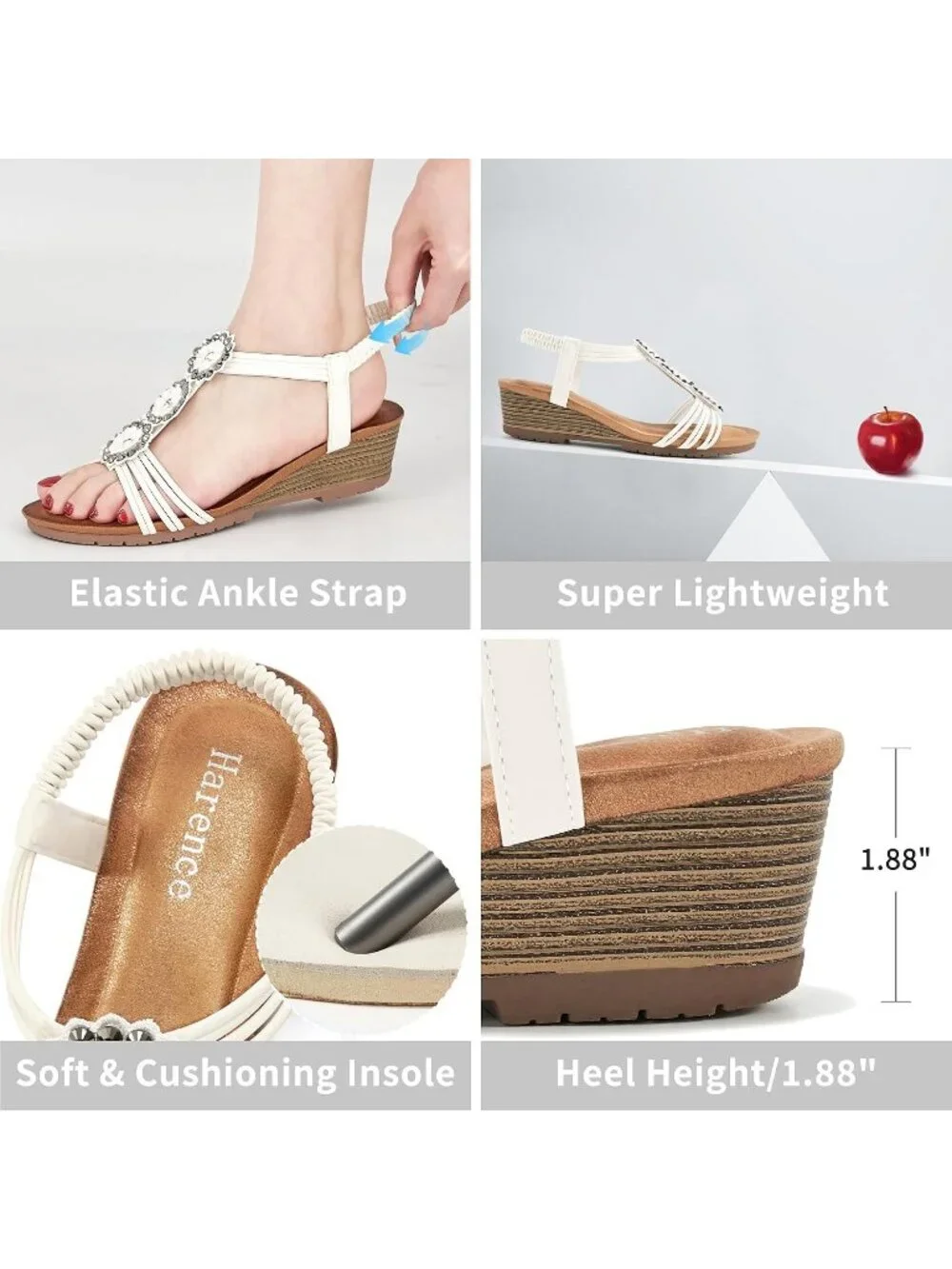Women's White Floral Rhinestone Elastic Slingback Low Wedge Heel Sandals Shoes